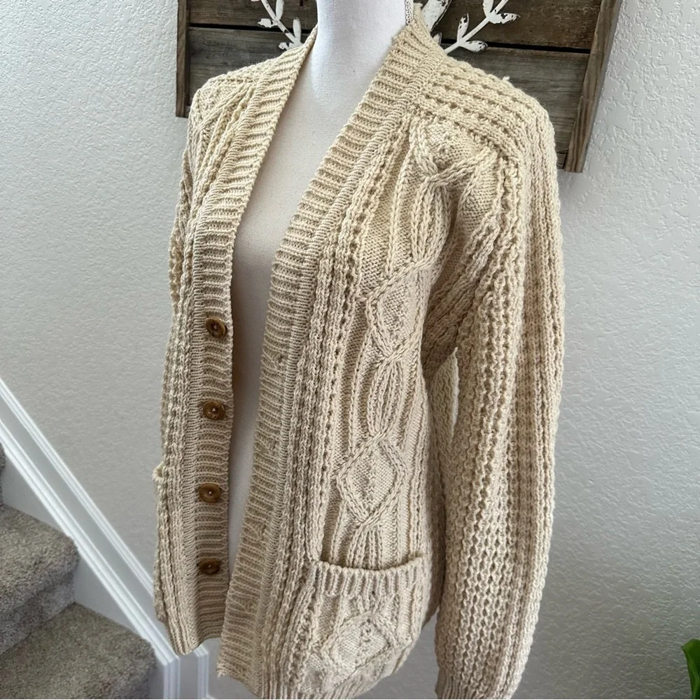 VTG‎ Gaelterra wool heavy knit fisherman cardigan sweater cream size EU 40 - Picture 3 of 12